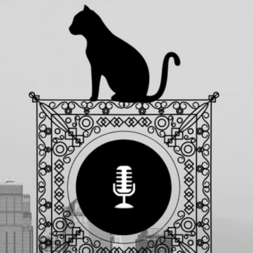 Ask Eldritch podcast cover with an outline of a black cat sitting on a stylized podcast mic. A city is in greyscale in the background.