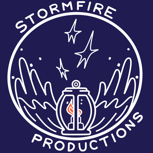 Logo of podcast production company Stormfire Productions in white against a dark purple background.
